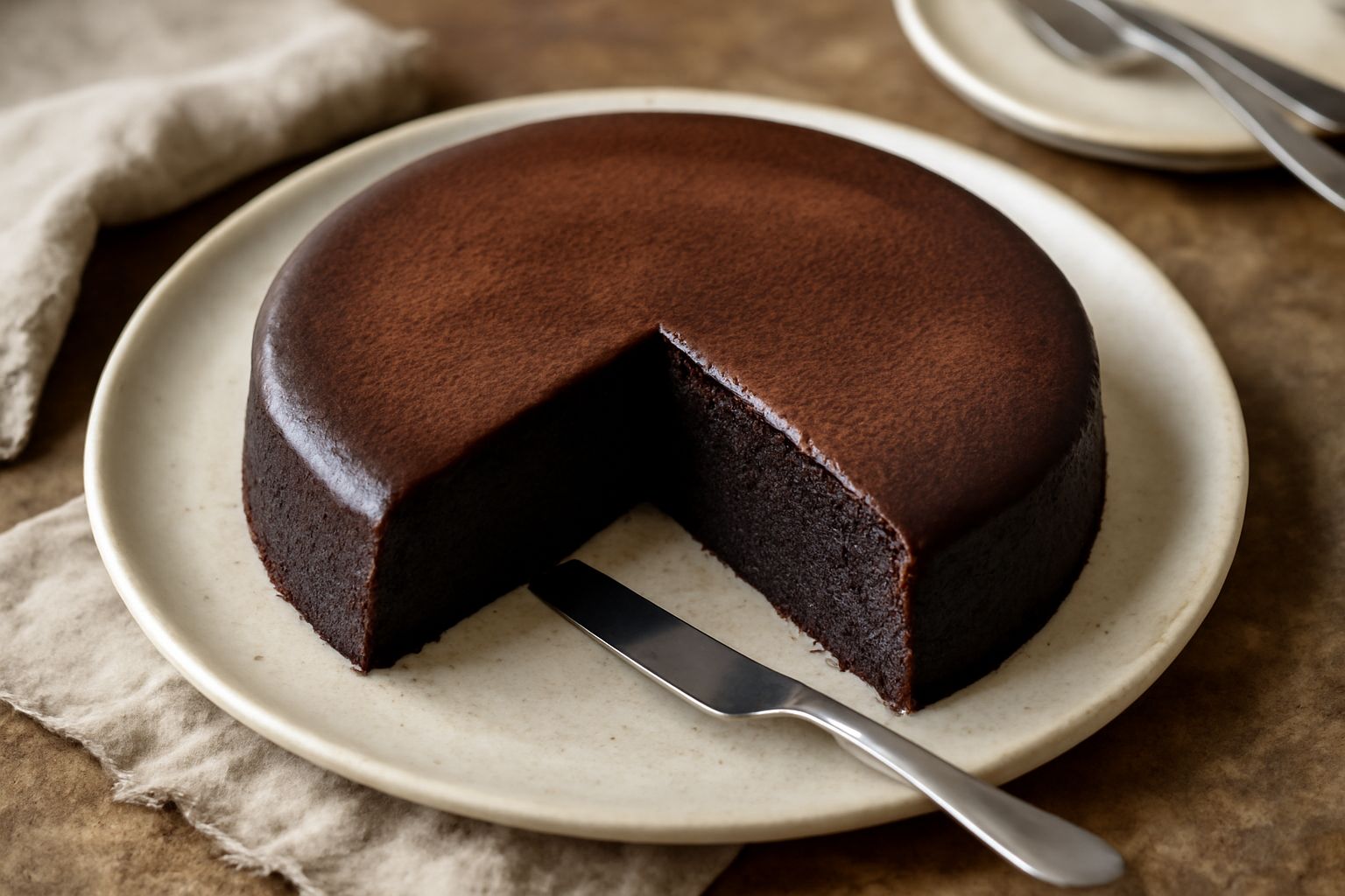 Torta nera al cioccolato, tonda, affettata, con due fette che mostrano l'interno marrone scuro umido e denso, su un piatto bianco con una forchetta