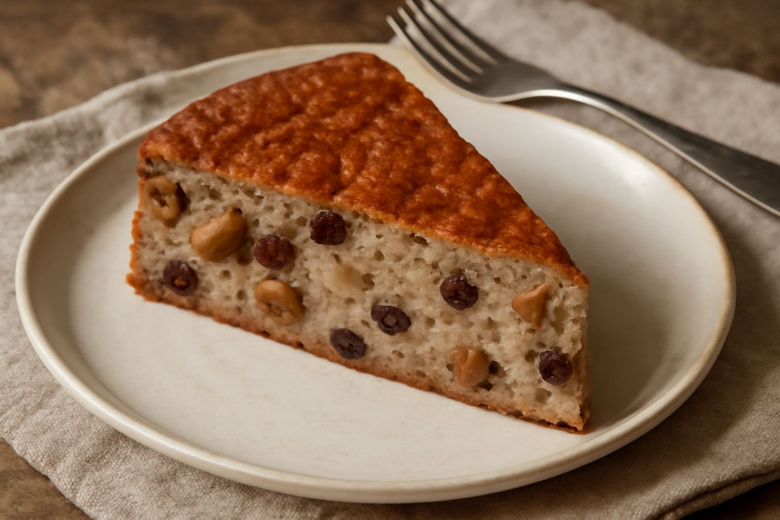 Una torta paesana intera su un piatto bianco, tagliata a fette, con una crosta dorata, interno compatto beige con pezzi visibili di castagne scure e uvetta, posata su piatto da portata con coltello.