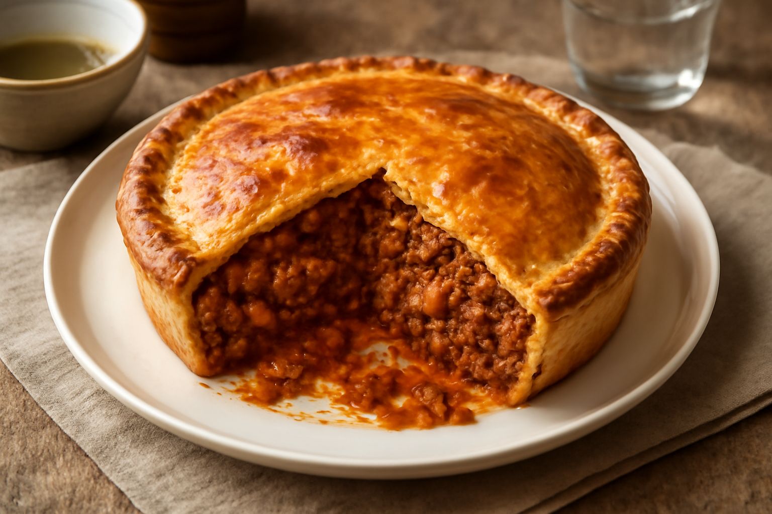Tòrta panada con crosta dorata, affettata su piatto bianco, interno con ripieno marrone scuro di carne e verdure, guarnita con contorno di insalata fresca