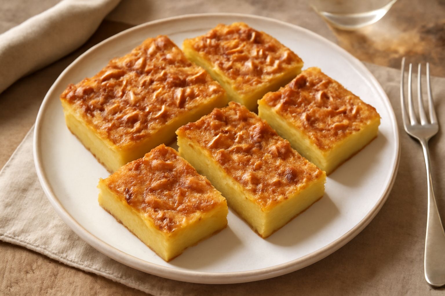 Torta panissa dorata e croccante tagliata a fette quadrate, pinoli tostati sulla superficie, servita su piatto bianco con contorno di panna leggera