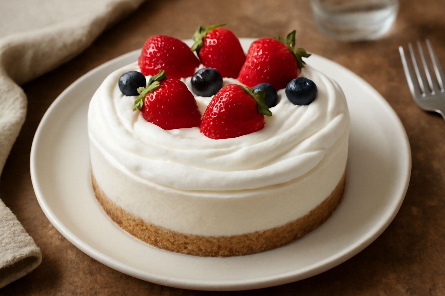 Torta panna e ricotta servita in piatto bianco, con copertura di panna montata bianca, fragole rosse in cima, fetta tagliata che mostra il ripieno cremoso beige e la base dorata di biscotti