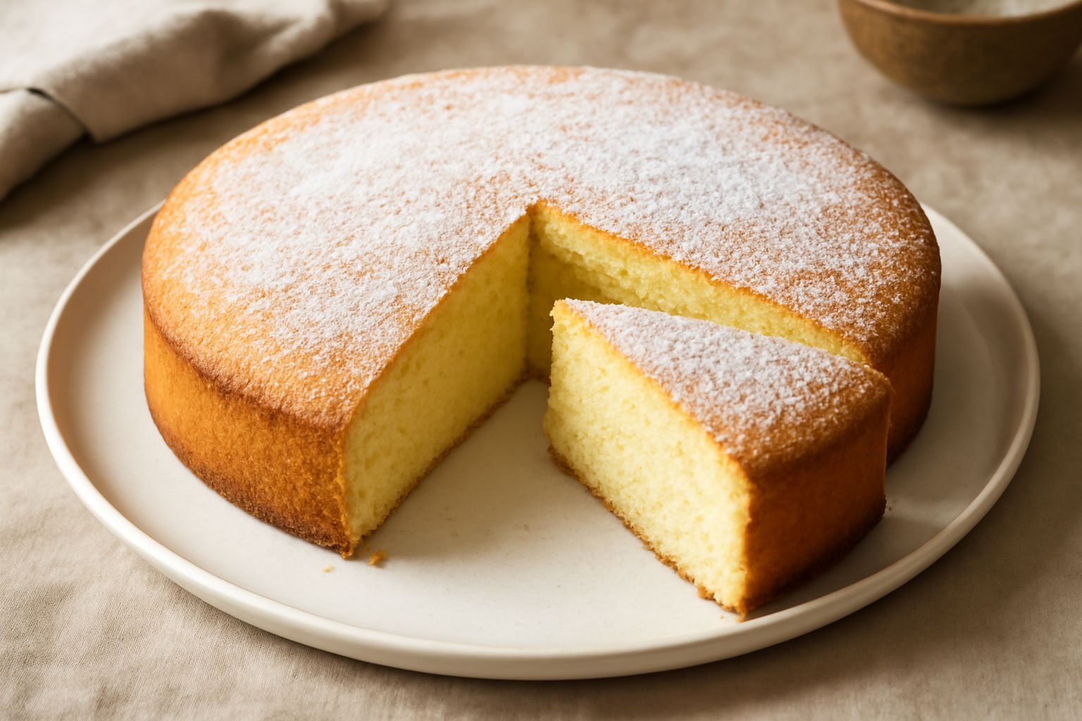 Torta paradiso dorata e morbida tagliata a fette su un piatto bianco, crema di spolvero sulla cima, superficie uniforme e alveolatura fine