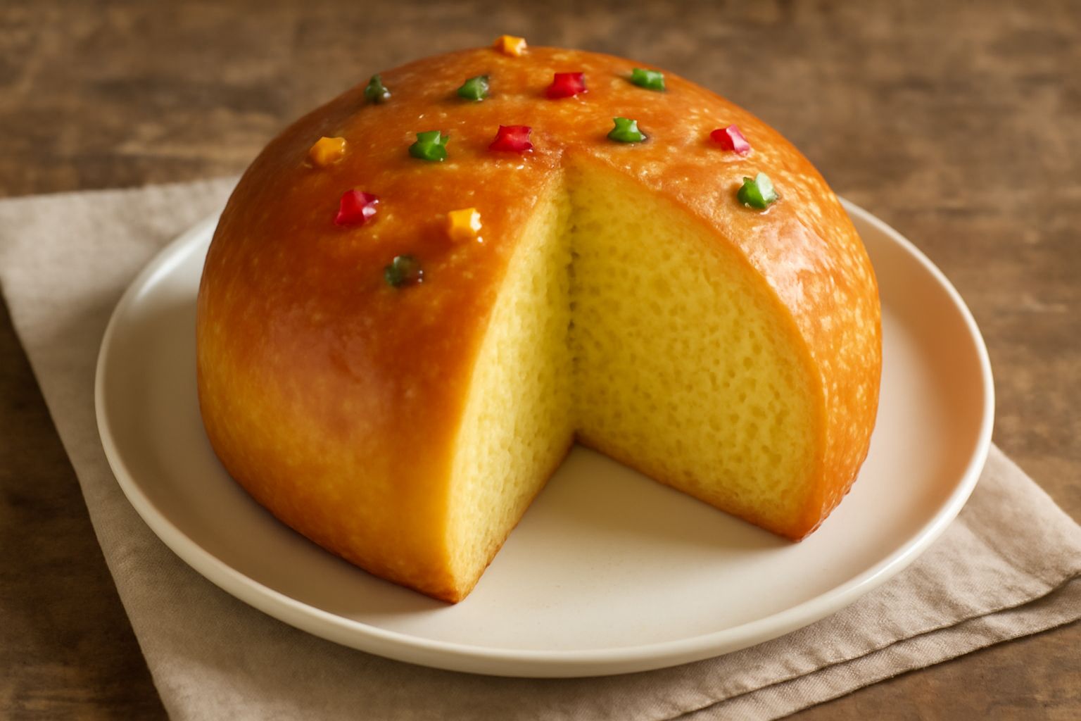 Torta pascalina intera su piatto bianco, forma tonda bombata, superficie dorata e lucida, canditi colorati sparsi in superficie, fetta tagliata che mostra l'interno soffice e omogeneo di colore giallo