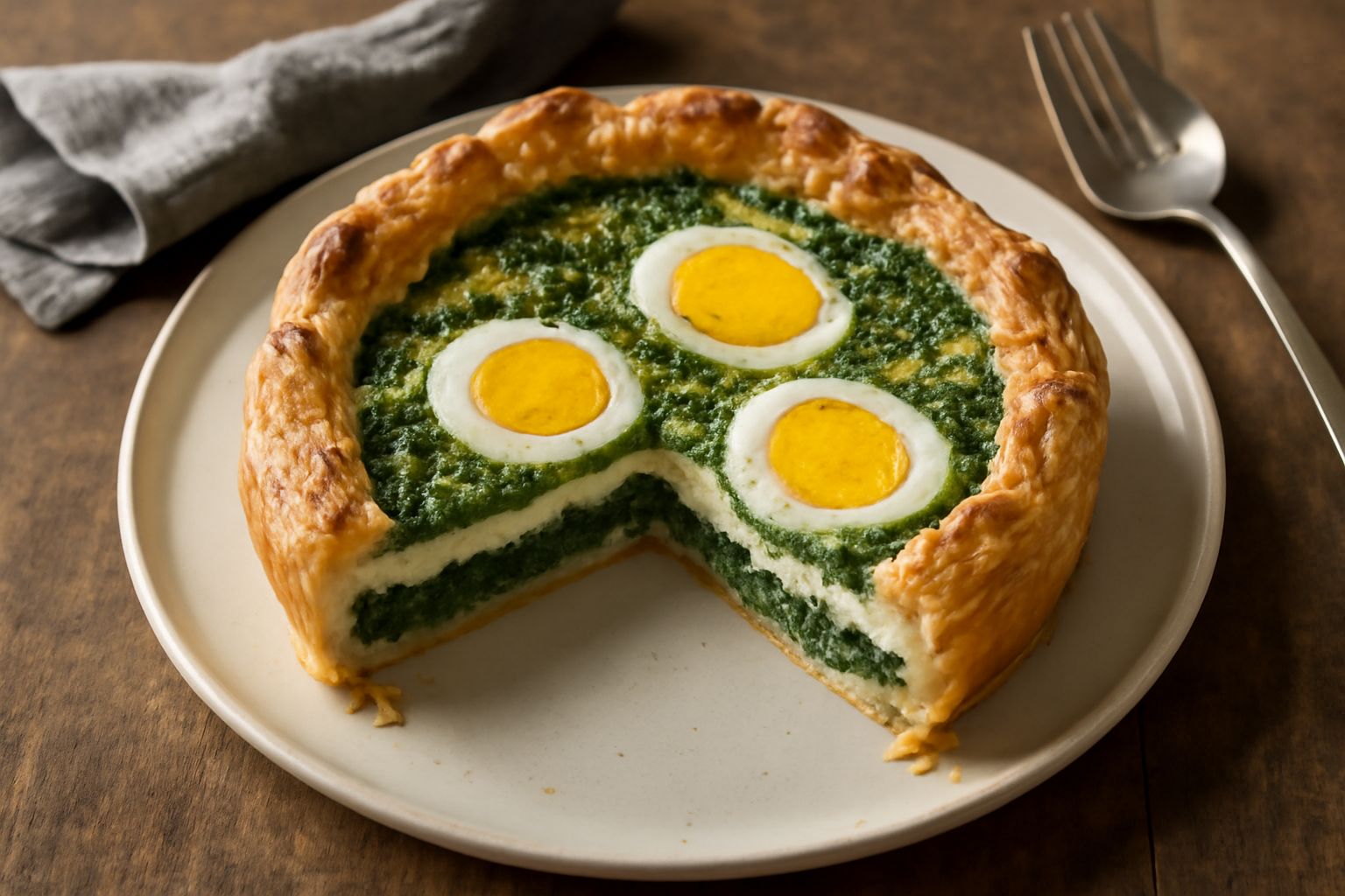 Torta pasqualina appena sfornata con pasta sfoglia dorata e croccante, tagliata a fette per mostrare il ripieno verde di spinaci, giallo delle uova sode e bianco della ricotta, servita in un piatto bi