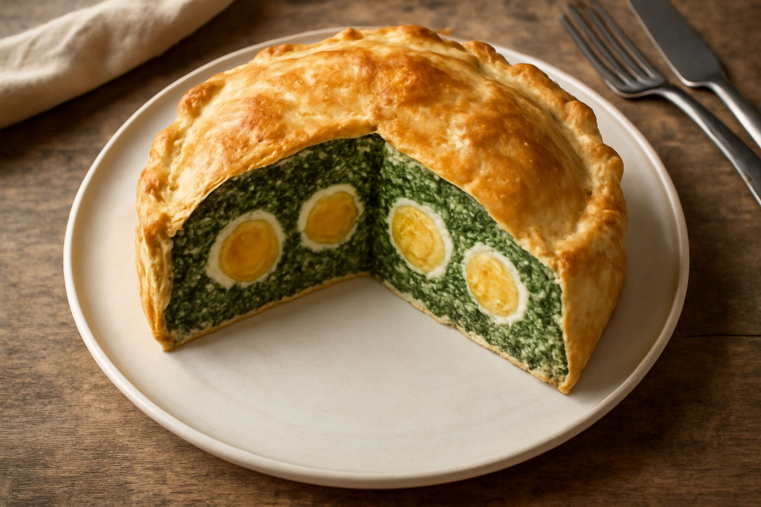 Torta pasqualina marchigiana tagliata a fette, con sfoglia dorata e croccante, ripieno verde di spinaci e ricotta, uova intere visibili nella sezione trasversale, servita su un piatto bianco con limon