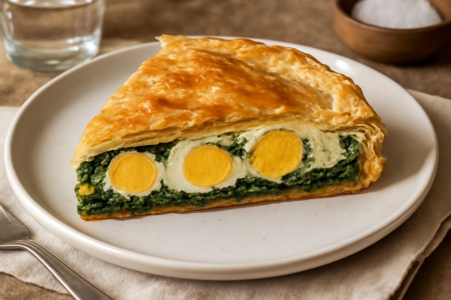 Torta pasqualina dorata e sfogliata affettata su piatto bianco, con interno verde di spinaci e giallo dell'uovo sodo, guarnita con foglie di prezzemolo