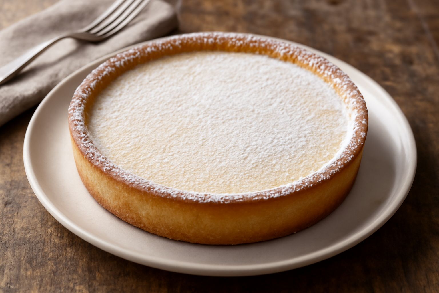Torta pasticciata su piatto bianco: base di pasta frolla dorata, riempimento di crema pasticcera giallo pallido, superficie spolverata di zucchero a velo bianco, taglio che mostra la stratificazione i