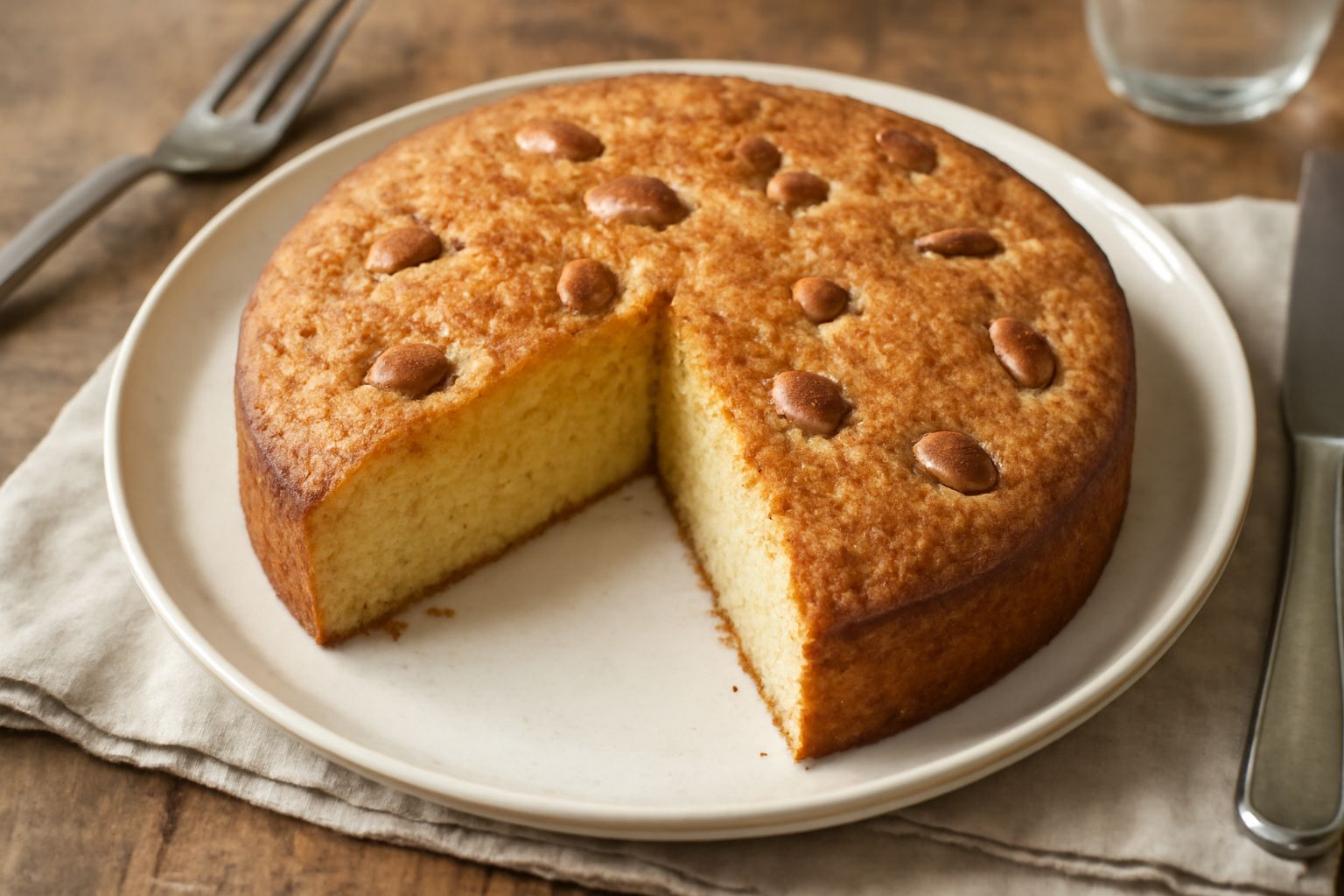 Torta Pavese dorata su piatto bianco, tagliata a fette, con mandorle intere visibili nella superficie croccante, colore ambra uniforme, fondo con crispelio marcato
