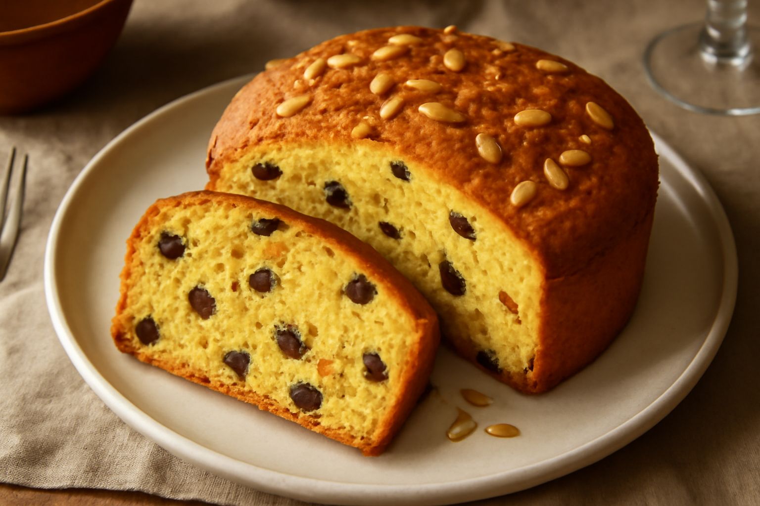 Torta piacentina intera affettata, dalla miga dorata e compatta con tracce di uva passa scura e pinoli visibili, su un piatto bianco con una fetta appoggiata accanto