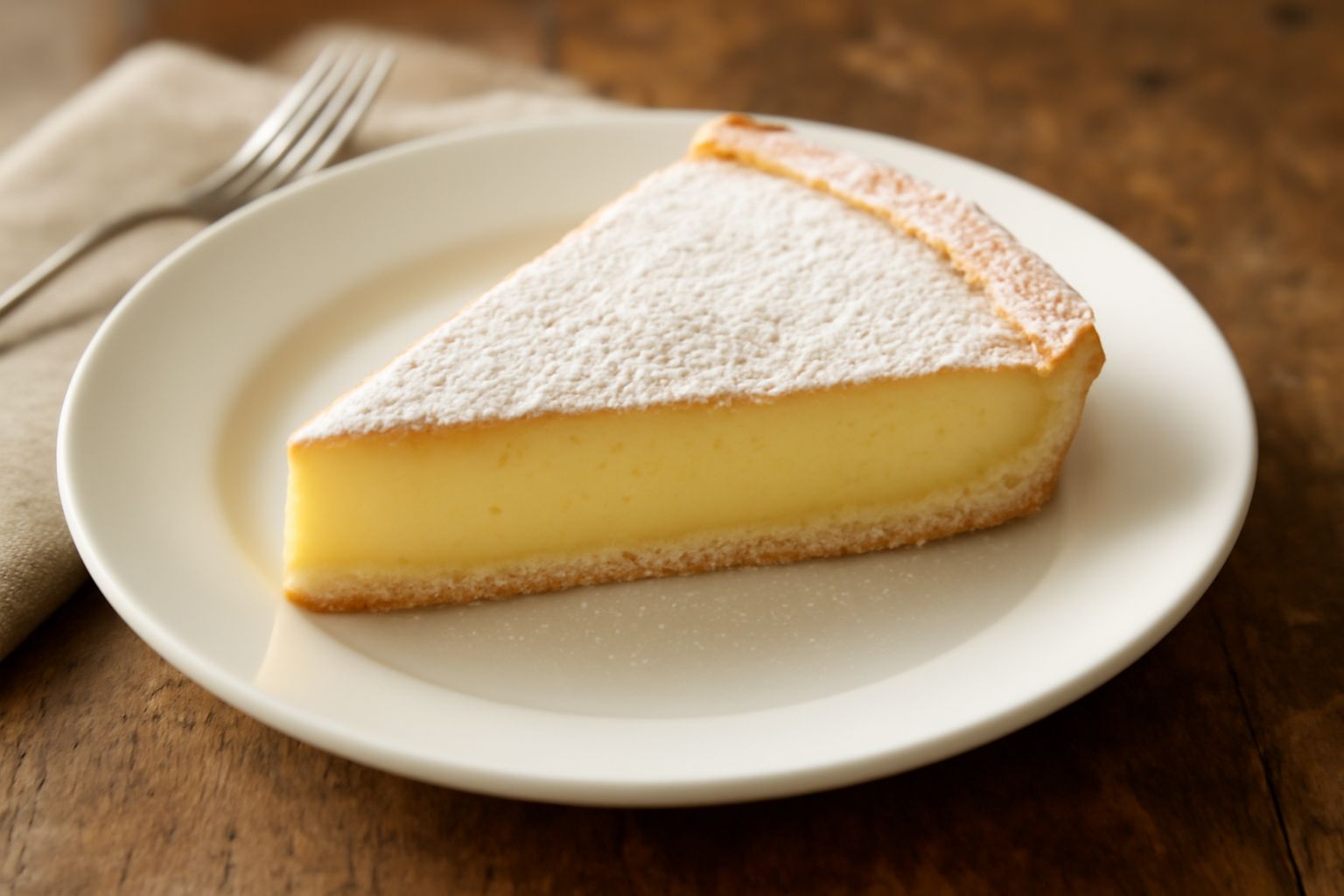Torta Pisana intera su un piatto bianco, con base di pasta frolla dorata e croccante, superficie liscia ricoperta di crema giallo pallido, decorata con una leggera spolverata di zucchero a velo
