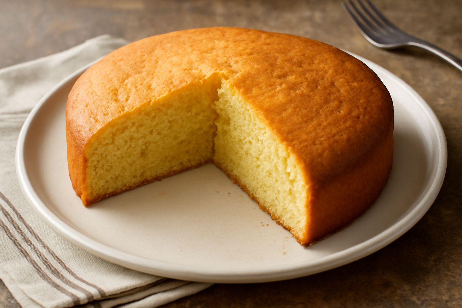 Torta ricciolina intera tagliata a fette su un piatto bianco, superficie dorata uniforme, mollica gialla e soffice, posata su una tavola di legno con una tazza di caffè di lato