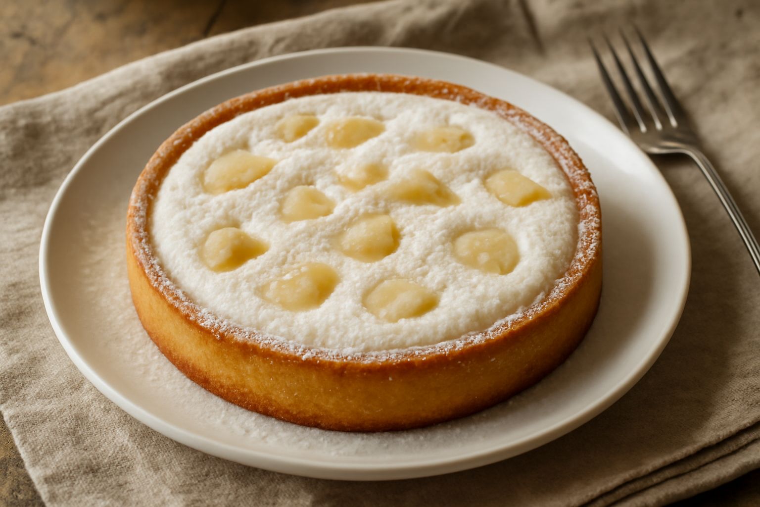 Torta ricotta e pera tagliata a fette su piatto bianco: base burrosa dorata, strato di crema ricotta bianca e cremosa, pere morbide caramellate distribuite sul ripieno, superficie liscia leggermente s