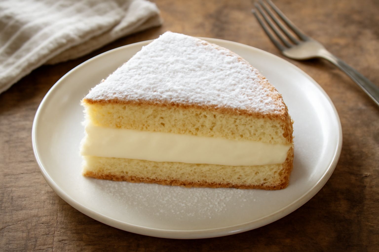 Torta ripiena tagliata a fette mostra una base gialla soffice, uno strato di crema bianca spessa e liscia, coperta da zucchero a velo. Piatto bianco con forchetta.