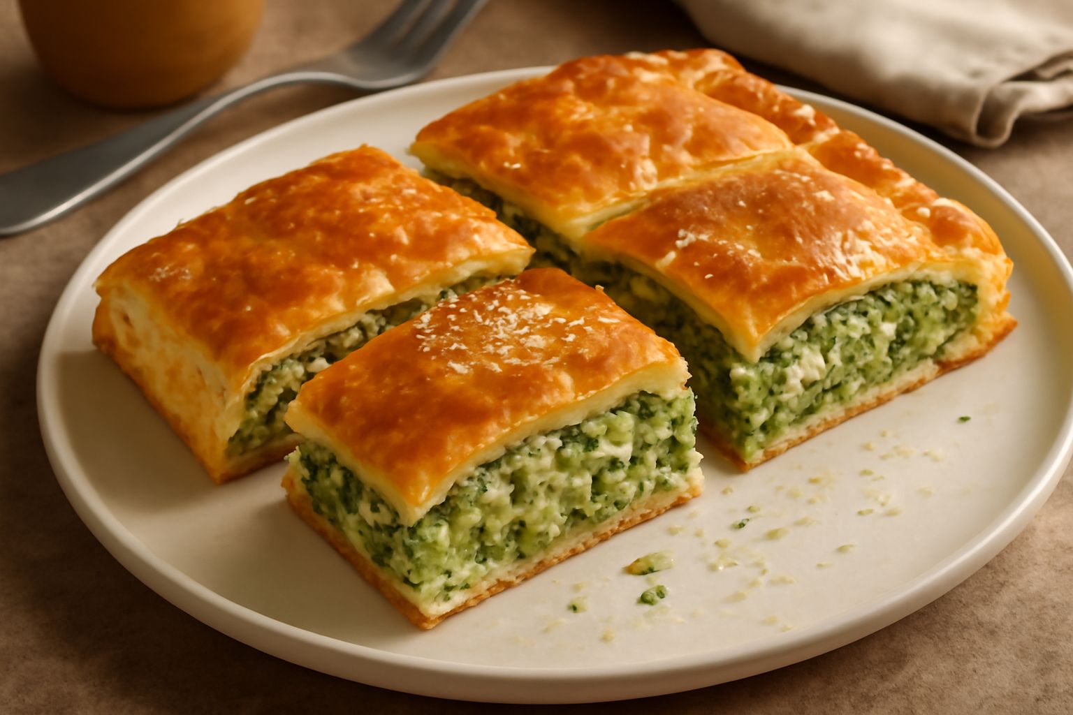 Torta salata ripiena di verdure tagliata a fette, con sfoglia croccante dorata, ripieno verde di spinaci e zucchine, servita su piatto bianco con forchetta