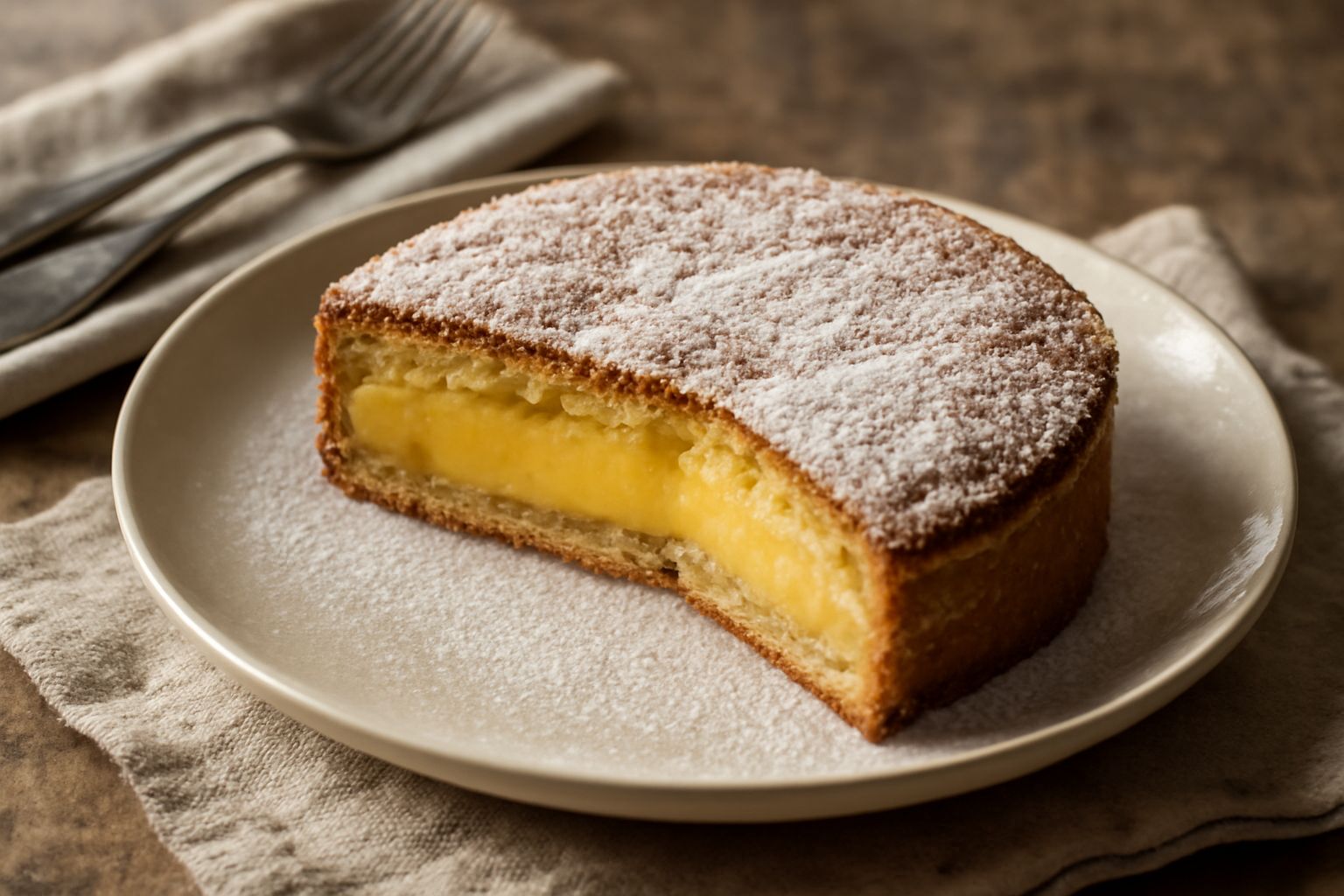 Torta ripiena di Voghera affettata su piatto bianco, pasta frolla dorata e croccante, interno con crema pasticcera gialla chiara, decorazione con zucchero a velo sulla superficie