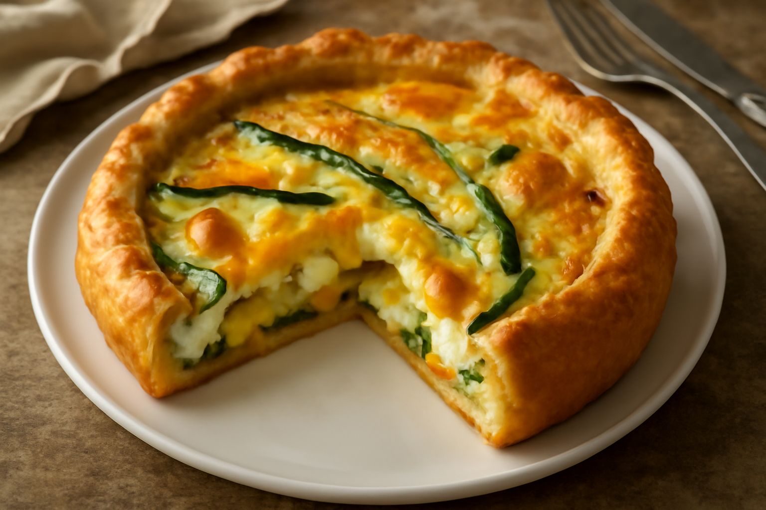 Torta rustica tagliata a fette, pasta dorata e croccante, ripieno di verdure verdi e gialle, formaggio filante, servita su piatto bianco con contorno di insalata fresca