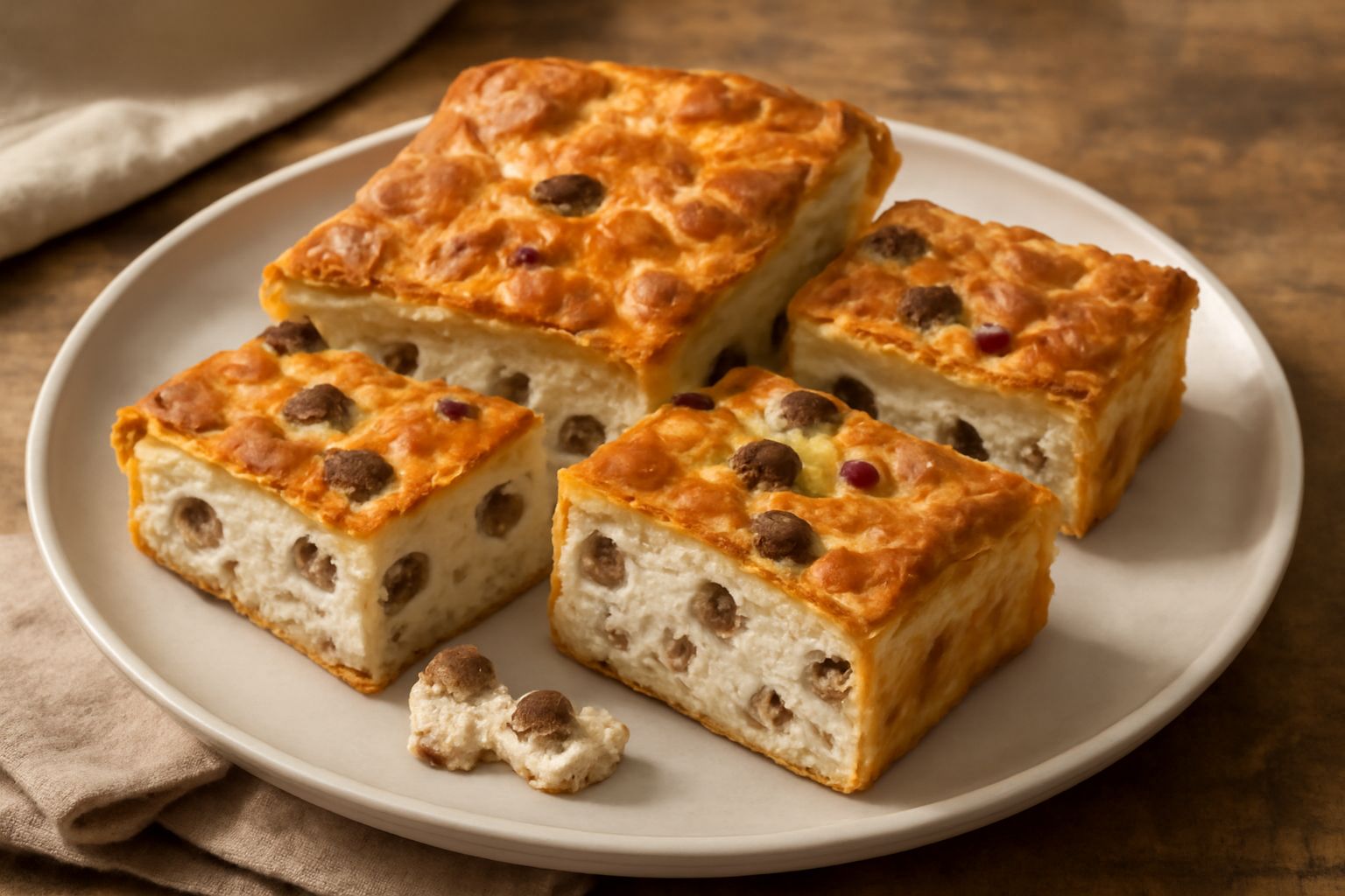 Torta rustica quadrata tagliata a fette, con pasta sfoglia dorata ai bordi, ripieno bianco e cremoso con piccoli frammenti scuri di ciccioli sparsi in superficie, servita su piatto bianco