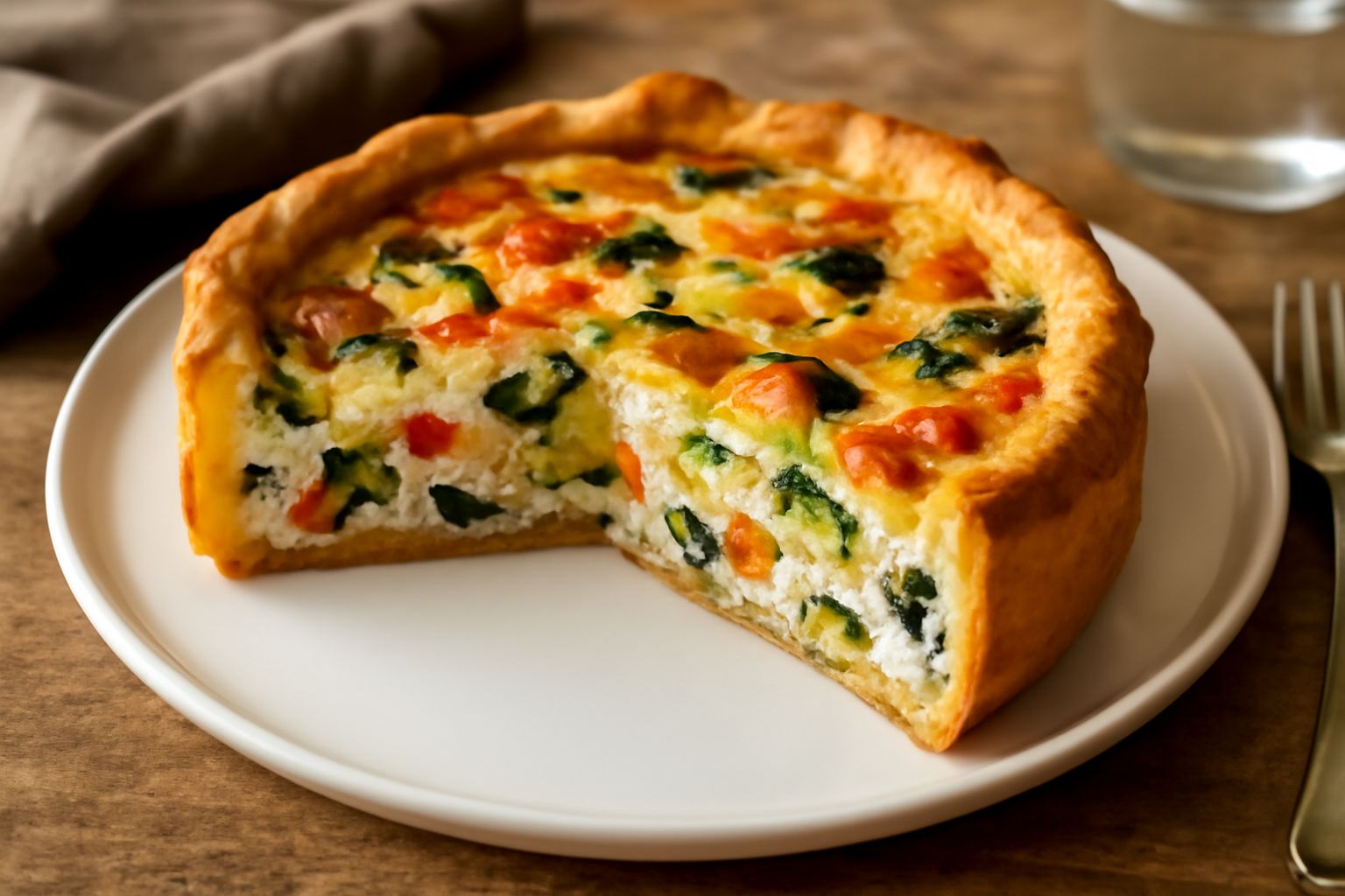 Torta rustica di formaggio e verdure tagliata a spicchi, con pasta brisée dorata, ripieno cremoso visibile con pezzi di verdure colorate e formaggio fuso, servita su un piatto bianco con contorno di v