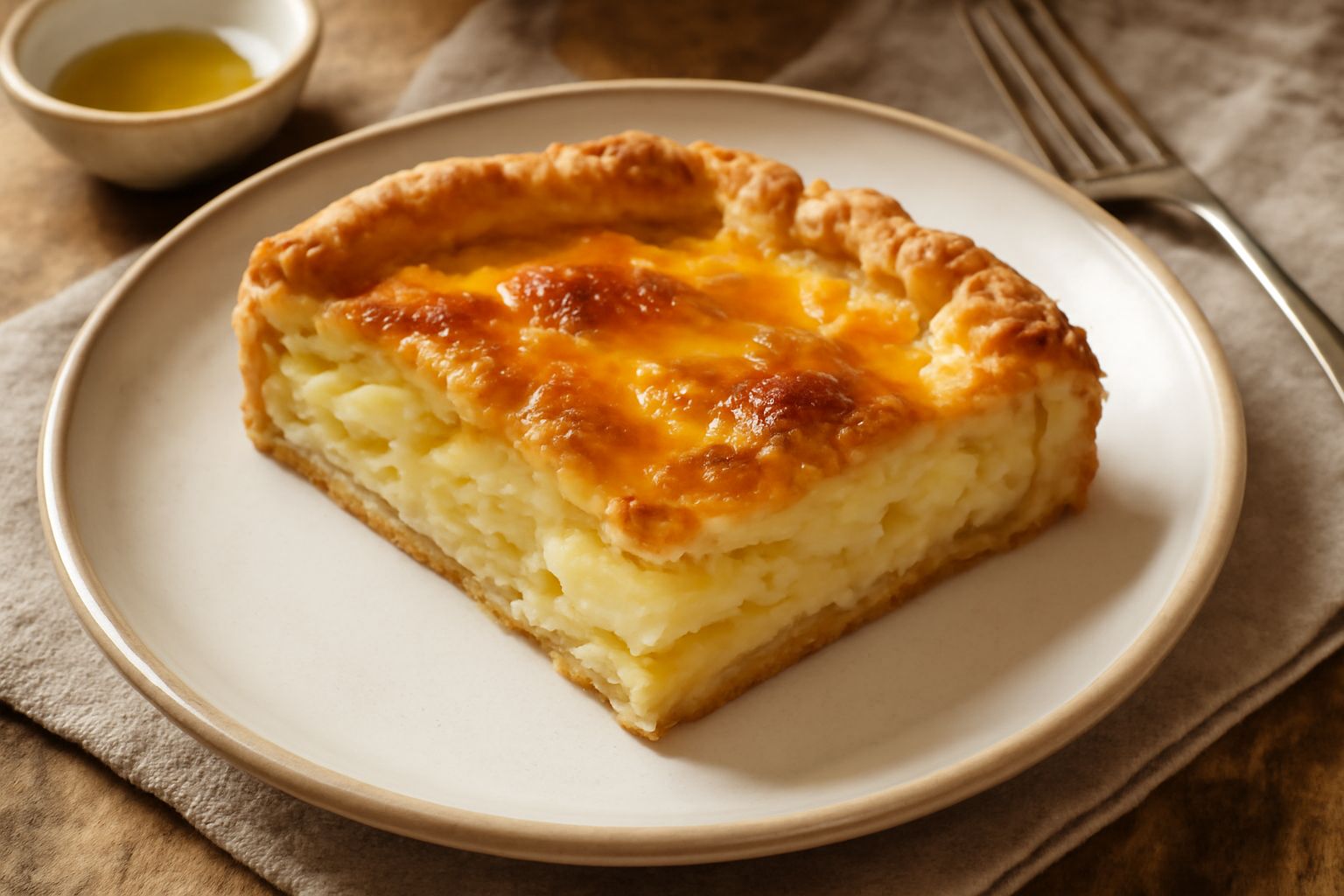 Torta rustica di patate tagliata a fette, dalla superficie dorata e croccante, con strati visibili di patate bianche e formaggio filante. Servita su un piatto bianco con contorno di insalata fresca ve