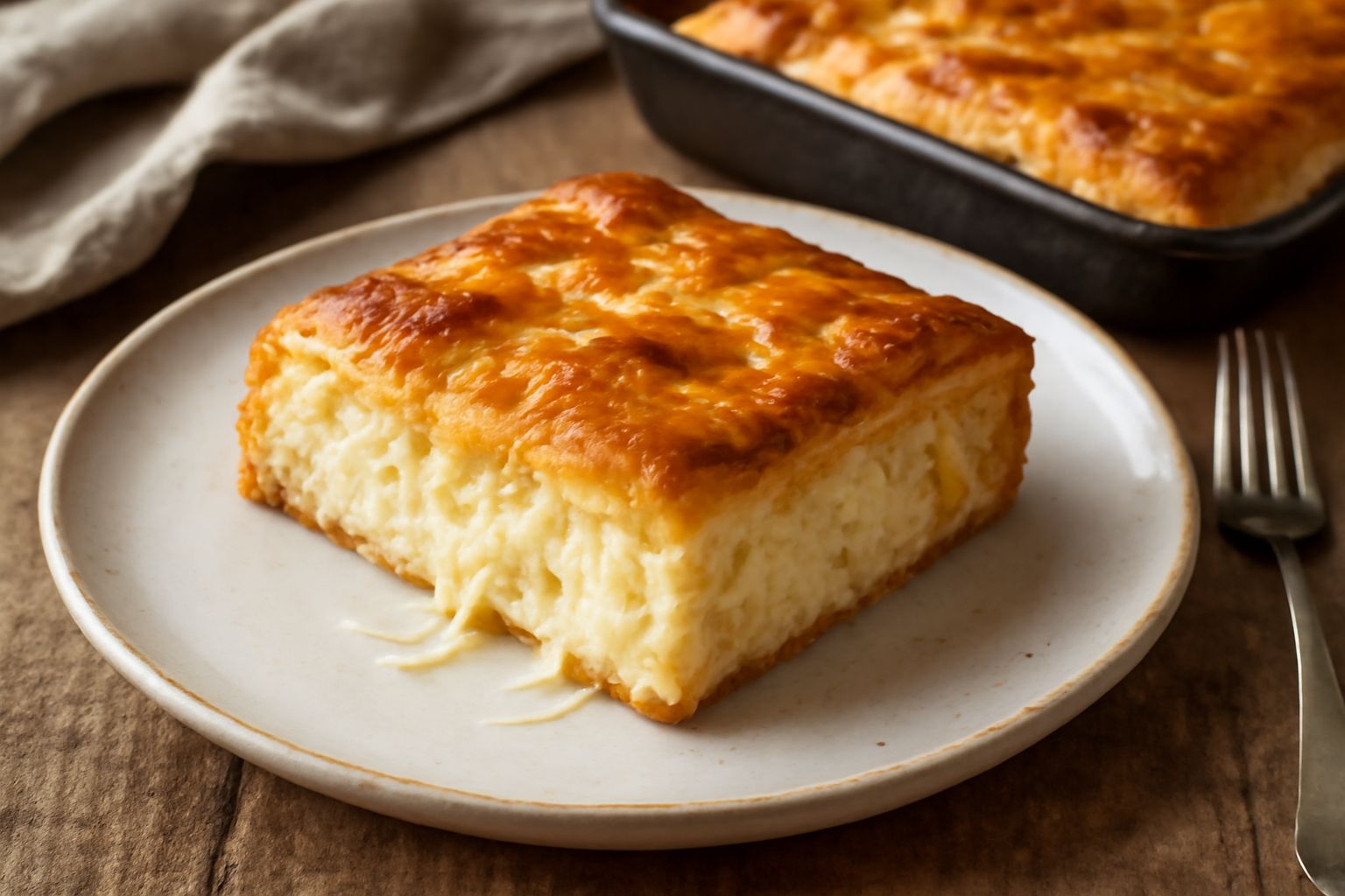 Torta rustica rettangolare in teglia di ceramica, sfoglia dorata in superficie, spicchio tagliato che mostra il ripieno cremoso bianco e giallo con ricotta visibile, su piatto bianco con formaggio gra