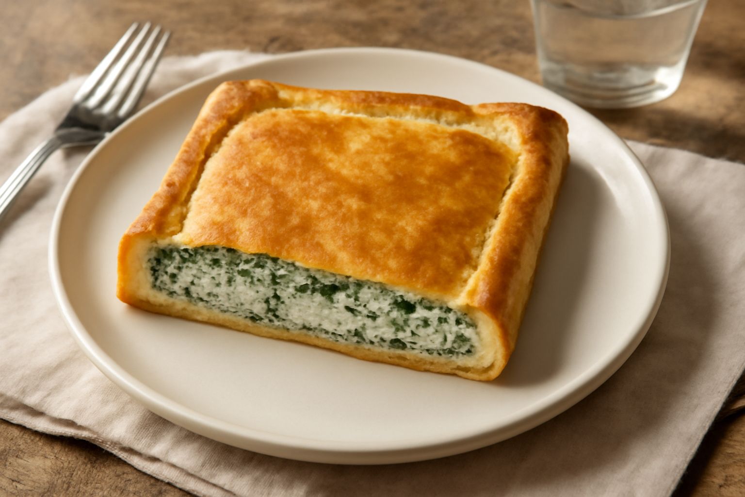 Torta rustica rettangolare tagliata a fette, ripieno verde spinaci e cremoso color nocciola della ricotta, pasta salata dorata intorno, servita su piatto bianco con foglie di spinaci fresco accanto