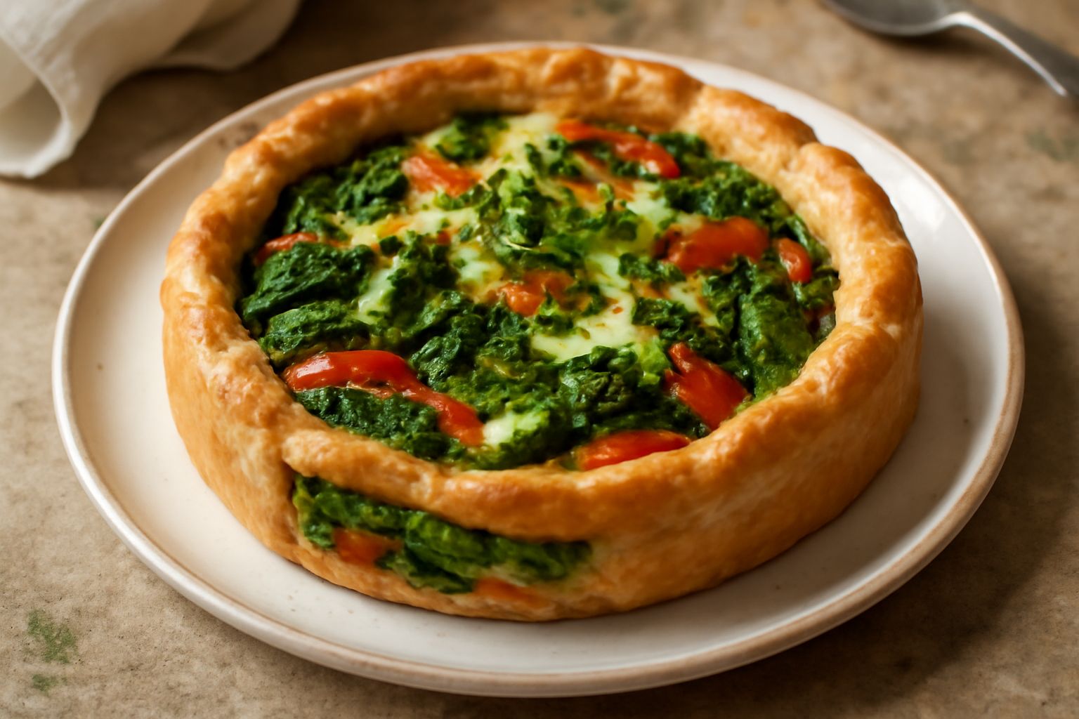 Una torta rustica di verdure appena sfornata, tagliata a fette: pasta dorata e croccante, ripieno verde e rosso di zucchine, melanzane e pomodori, cosparsa di prezzemolo fresco
