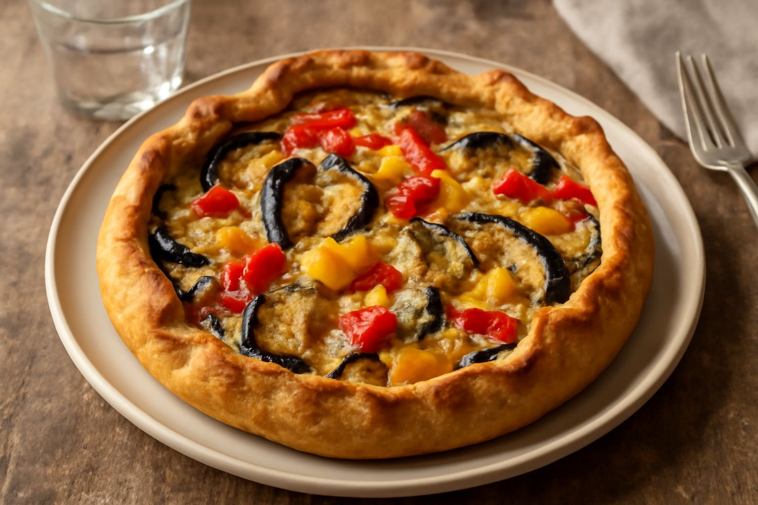Torta rustica di verdure miste affettata nel piatto, con pasta dorata e croccante, verdure colorate mix di melanzane viola, peperoni rossi e gialli, zucchine verdi, formaggio filante visibile tra gli 