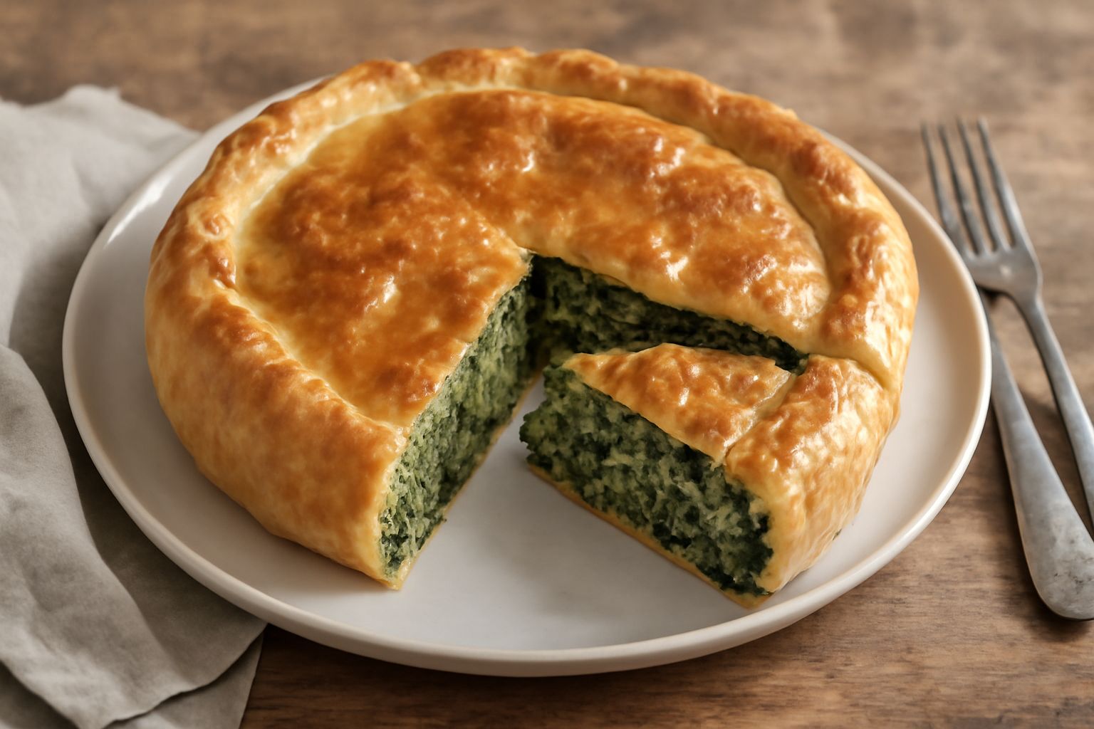 Fetta di Torta Rustica Lucchese con pasta dorata e ripieno di verdure verdi e gialle, rigatino e uova cotte, su piatto bianco con contorno di insalata mista