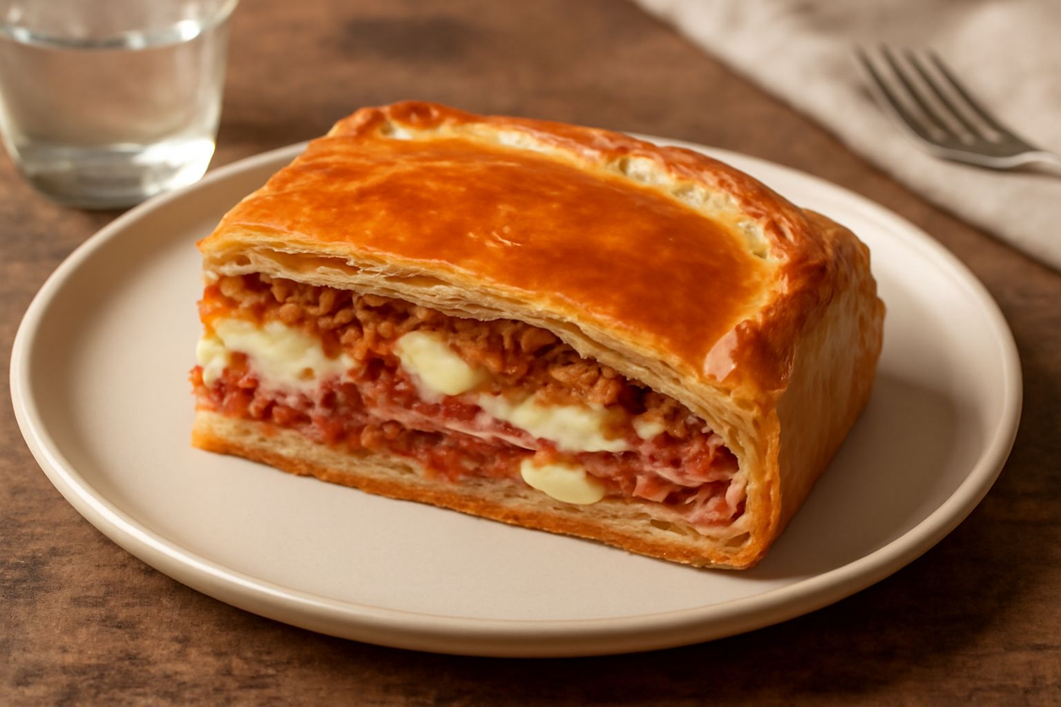 Torta rustica napoletana tagliata a fette su un piatto di porcellana bianca, crosta sfoglia color oro, ripieno visibile con ragù rosso scuro e mozzarella filante bianca, contorno di foglie di prezzemo