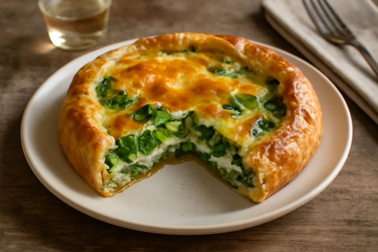 Torta rustica pasquale tagliata a fette, con pasta sfoglia dorata e ripieno di verdure verdi, ricotta bianca e formaggio grattugiato, servita su piatto bianco con contorno di insalata