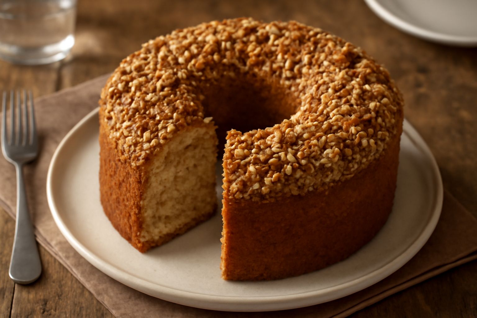 Torta rustichella intera e affettata su tavolo di legno, crust dorato-marrone, interno soffice con sfumature chiare, noci visibili in superficie e briciole intorno