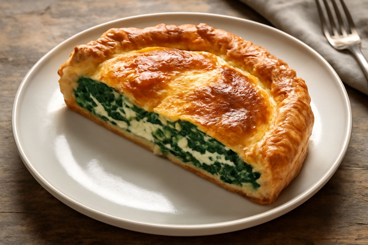 Torta rustica dorata e croccante tagliata a fette su un piatto bianco, con ricotta visibile nel ripieno, verdure miste verdi e sfoglia sfogliata ai bordi
