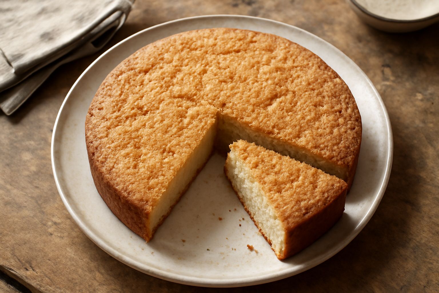 Torta sabbiosa intera, di colore dorato chiaro, con superficie granulosa e friabile, tagliata a fette, su un piatto bianco, miglior vista dall'alto che mostra la porosità della molla