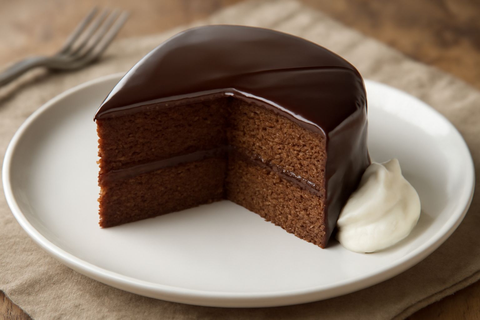 Torta Sacher intera su piatto bianco, vista dall'alto: superficie marrone lucida uniformemente, fetta tagliata che mostra due strati di pasta scura, striscia di marmellata d'albicocca tra i due strati
