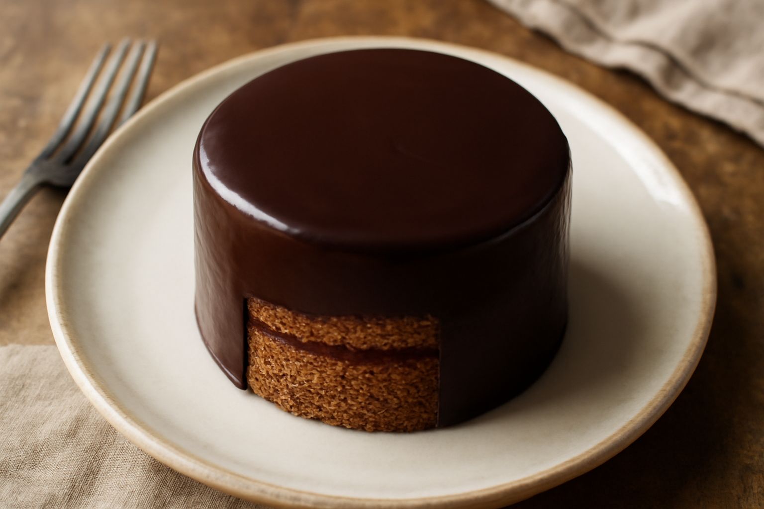 Torta Sacher ligure affettata su piatto bianco, mostra strati di pan di spagna al cacao, marmellata di albicocche arancione e copertura di cioccolato fondente lucido, contornata da mandorle filettate
