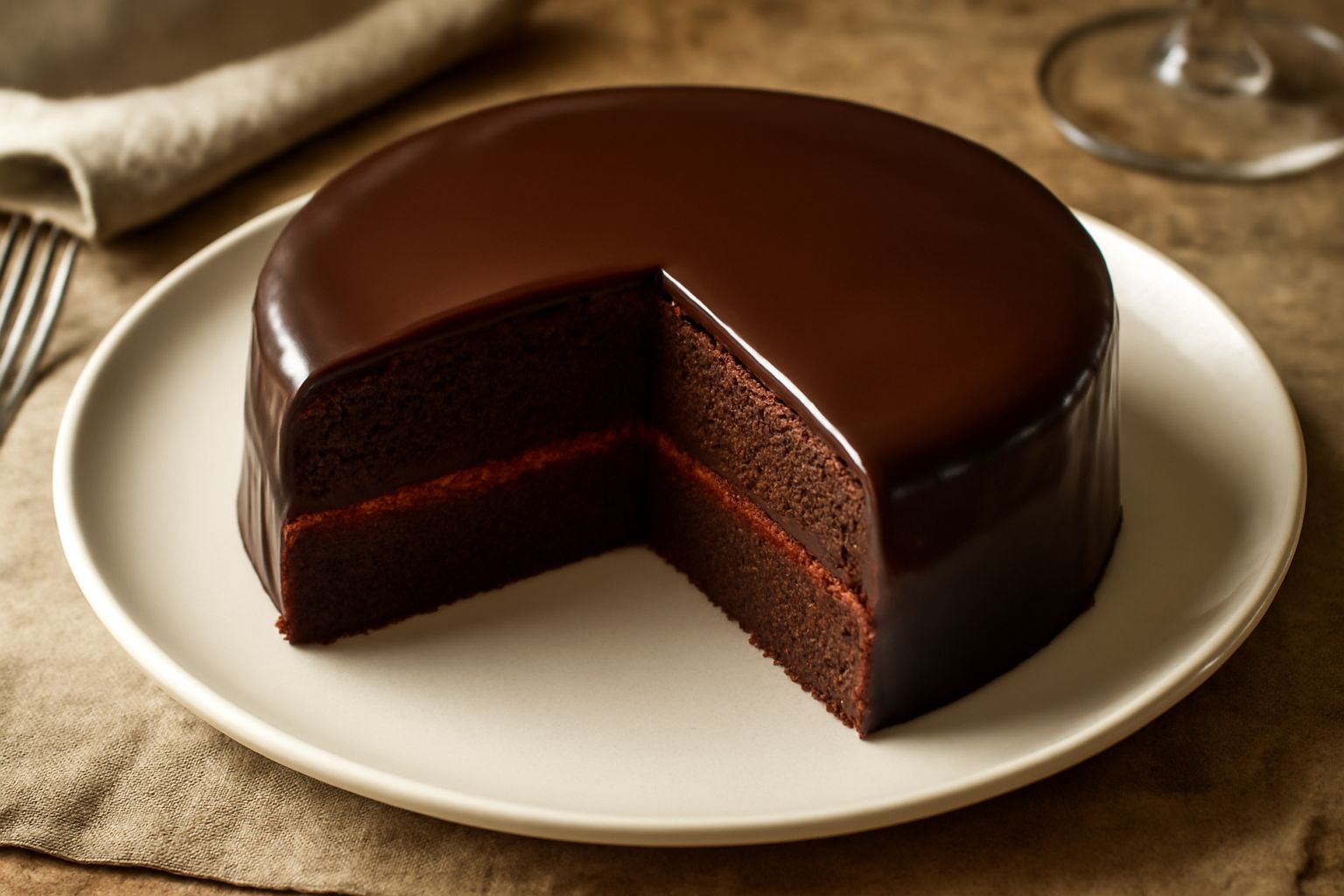 Torta Sacher tirolese tagliata e servita su un piatto bianco: fetta alta di pan di spagna al cacao scuro, strato rosso di marmellata di albicocche, glassa di cioccolato lucida e uniformemente brunita,