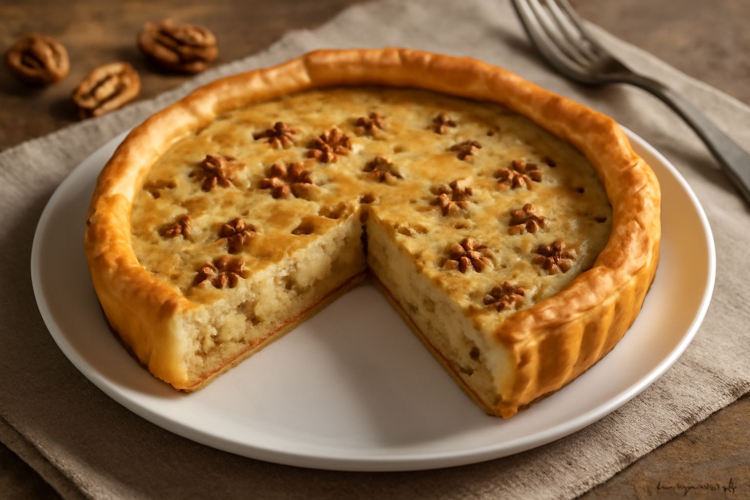 Torta salata alle noci tagliata a spicchi su piatto bianco, pasta croccante color oro, ripieno cremoso beige con frammenti di noci, guarnita con foglie di prezzemolo fresco