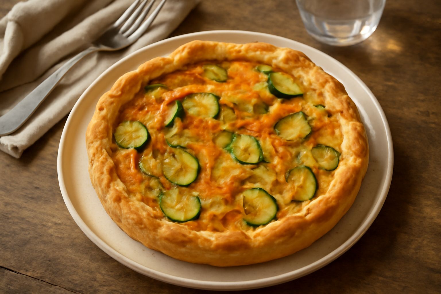 Torta salata con verdure appena sfornata, con zucchine gialle, melanzane e pomodori visibili sulla superficie dorata, in una teglia rotonda di alluminio, fondo chiaro
