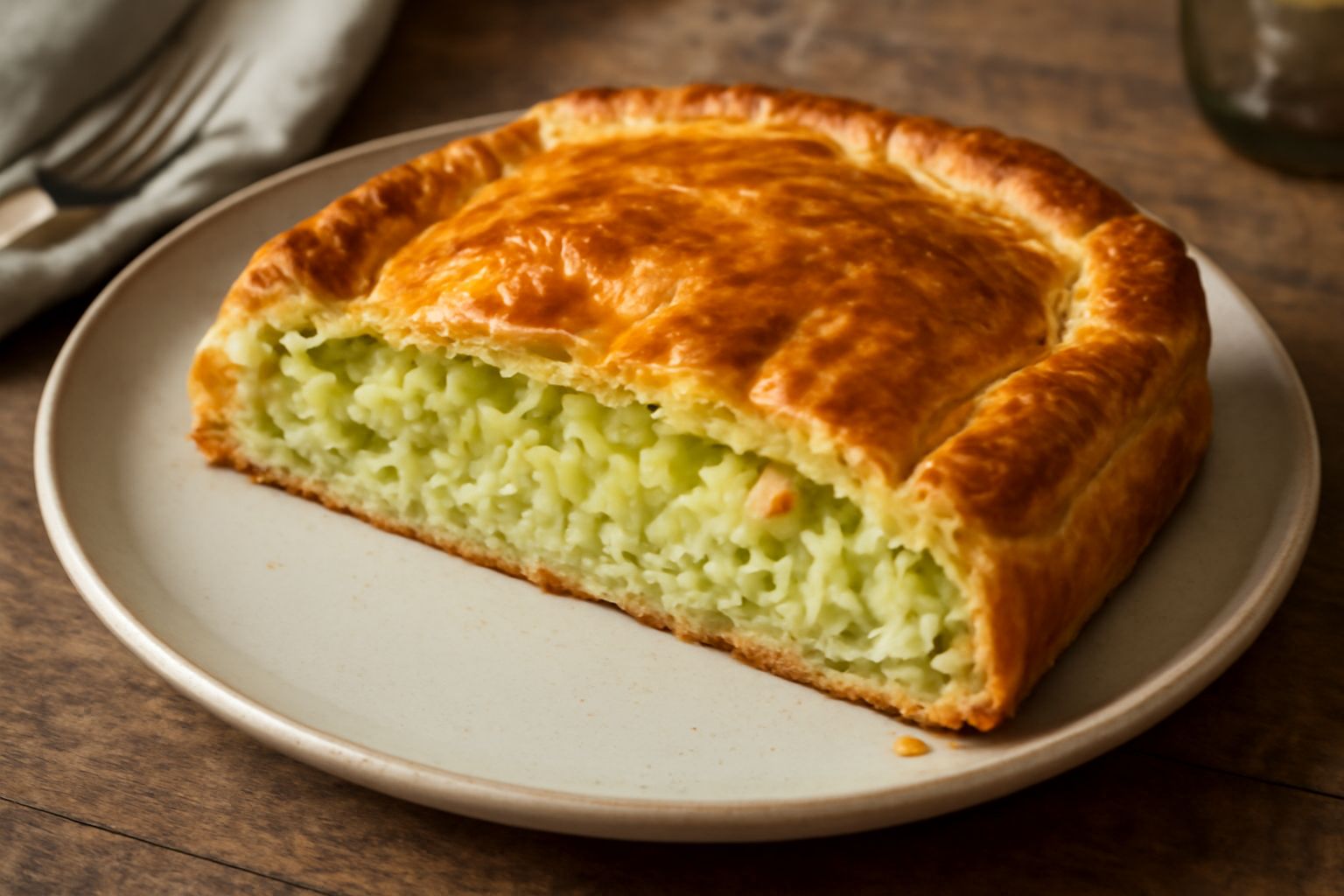 Torta salata di cavoli tagliata in fette su un piatto bianco, con crosta dorata e ripieno di cavolo verza verde pallido visibile in sezione, guarnita con semi di sesamo