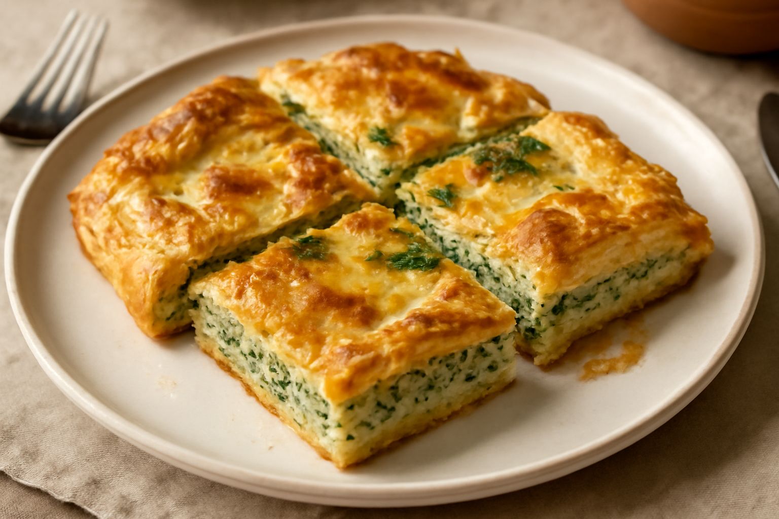 Torta salata rettangolare con crosta dorata e sfogliata, superficie irregolare con verdure verdi visibili, affettata in quadrati, su piatto di ceramica bianca con limone fresco a lato