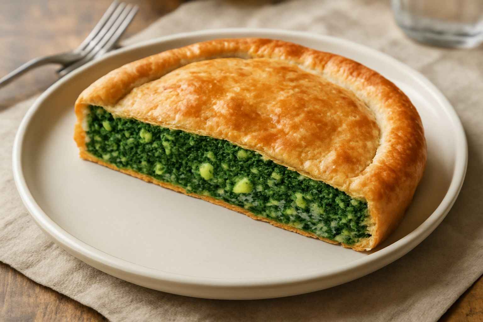 Torta salata dorata e croccante tagliata a fette, ripieno verde intenso di erbette e ricotta bianca, servita su un piatto bianco con bordo rustico, ancora calda con vapore leggero
