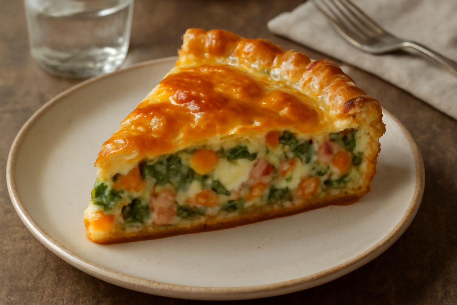 Torta salata rettangolare appena sfornata, con superficie dorata e croccante, ripiena visibile dai bordi di verdure verdi e arancioni, formaggio fuso, pezzi di prosciutto rosa. Impiattata su tavolo di