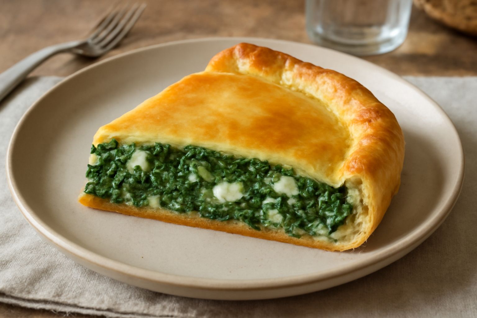 Torta salata di bietola dorata con superficie croccante, tagliata a fette, ripieno verde intenso di bietola visibile al taglio, servita su piatto bianco con contorno di insalata mista