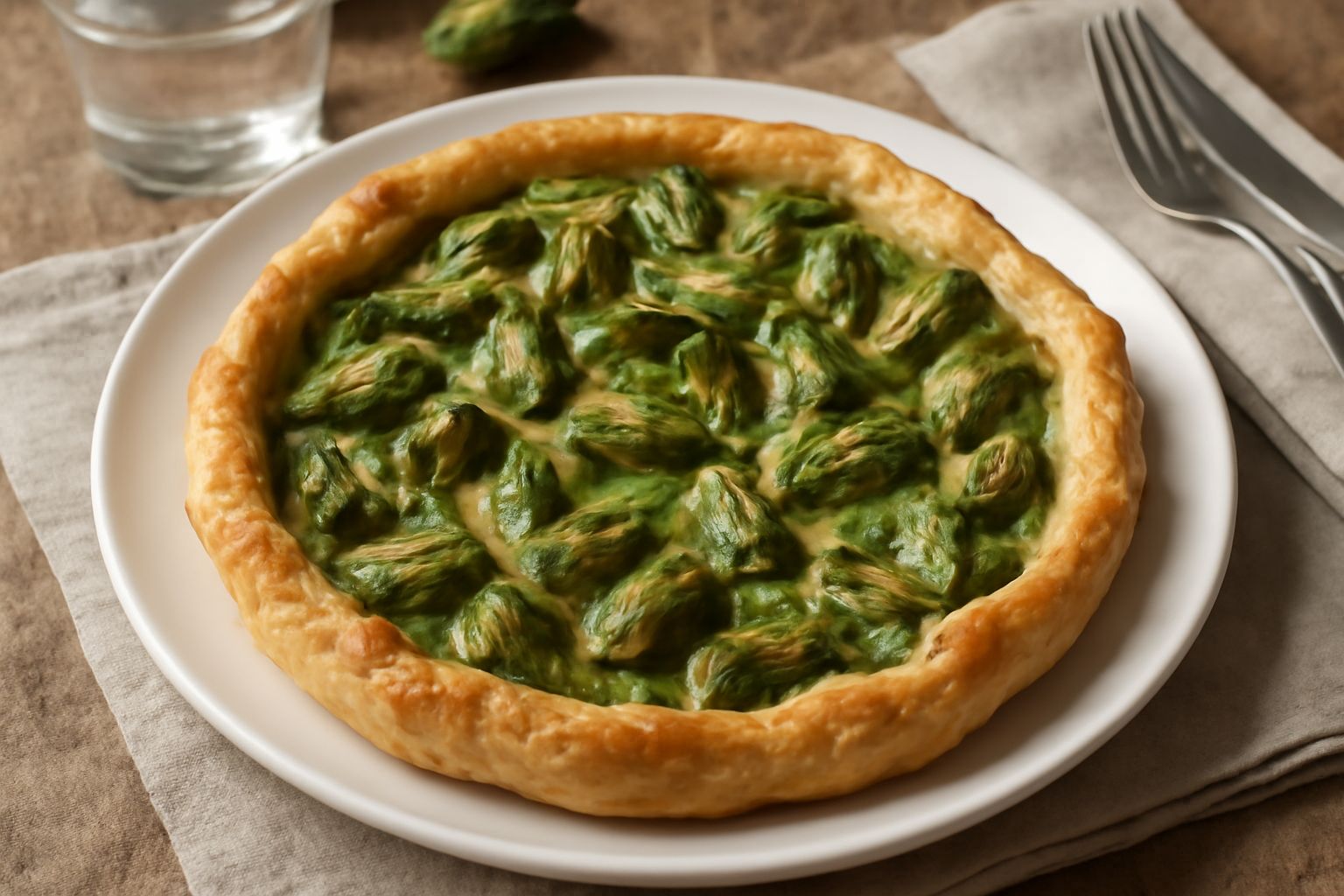 Torta salata di carciofi appena sfornata, dorata e croccante, tagliata in fette generose che lasciano intravedere i carciofi verdi al centro, servita tiepida su un piatto bianco con contorno di insala