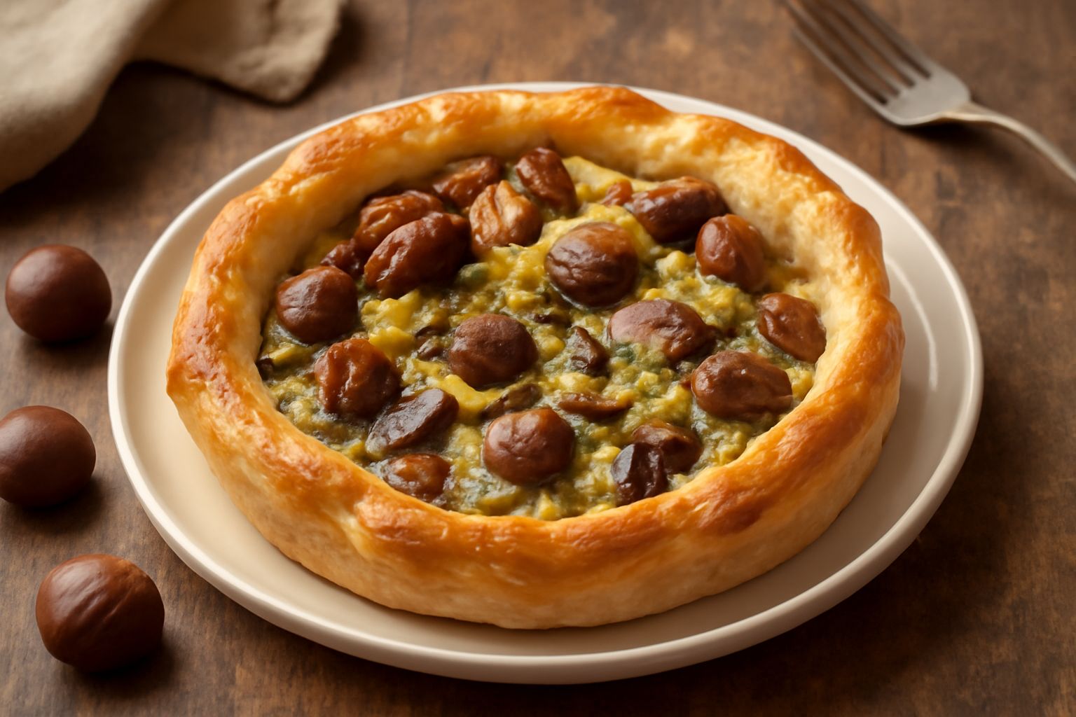 Torta salata di castagne appena sfornata, con sfoglia dorata e croccante, castagne visibili nella farcia e superficie decorata con semi di sesamo, servita in una pirofila di ceramica bianca, con fette