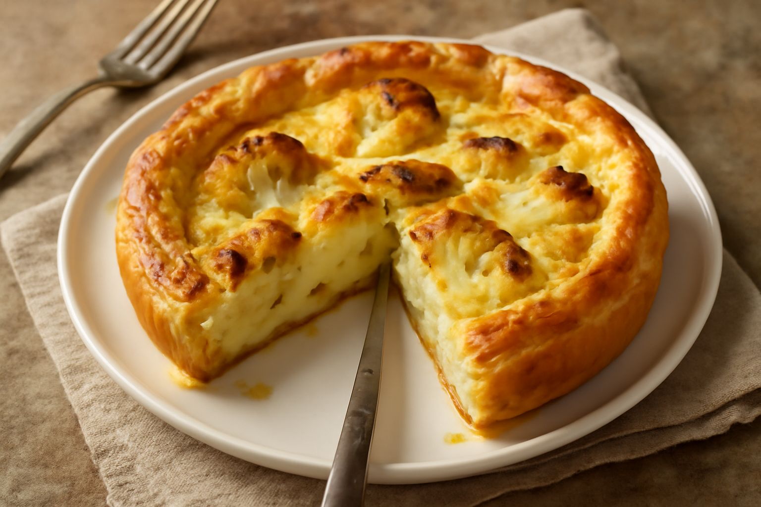Torta salata di cavolfiore tagliata a fette, con crosta dorata e sfogliata, ripieno di cavolfiore color avorio e formaggio fuso leggermente gratinato in superficie, servita su piatto bianco con tovagl