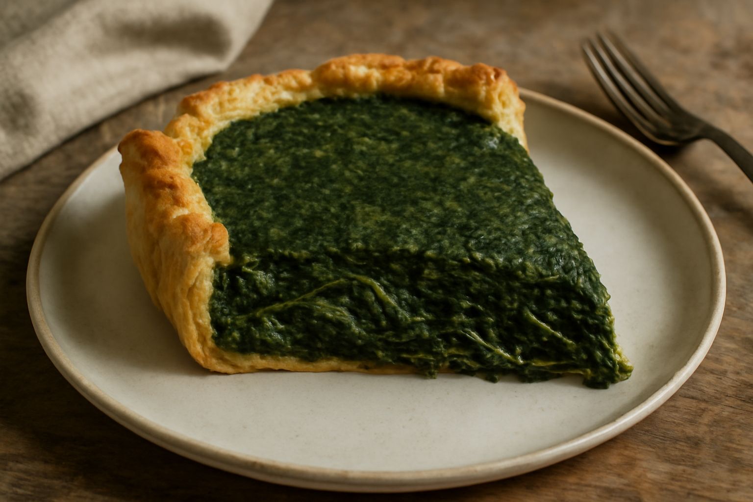 Torta salata di cicoria appena sfornata, con pasta sfoglia dorata, spigoli leggermente rialzati, superficie irregolare con cicoria verde scuro visibile tra le fratture della crosta, porzione tagliata 