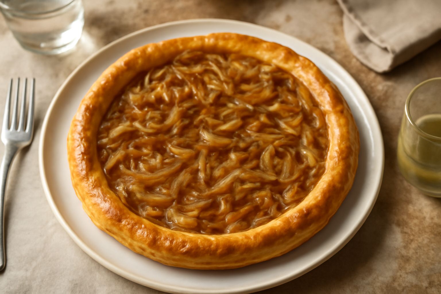 Torta salata di cipolla appena sfornata, con pasta sfoglia dorata e croccante, superficie liscia coperta da cipolle caramellate color ambra, porzione tagliata che mostra l'interno cremoso, servita su 