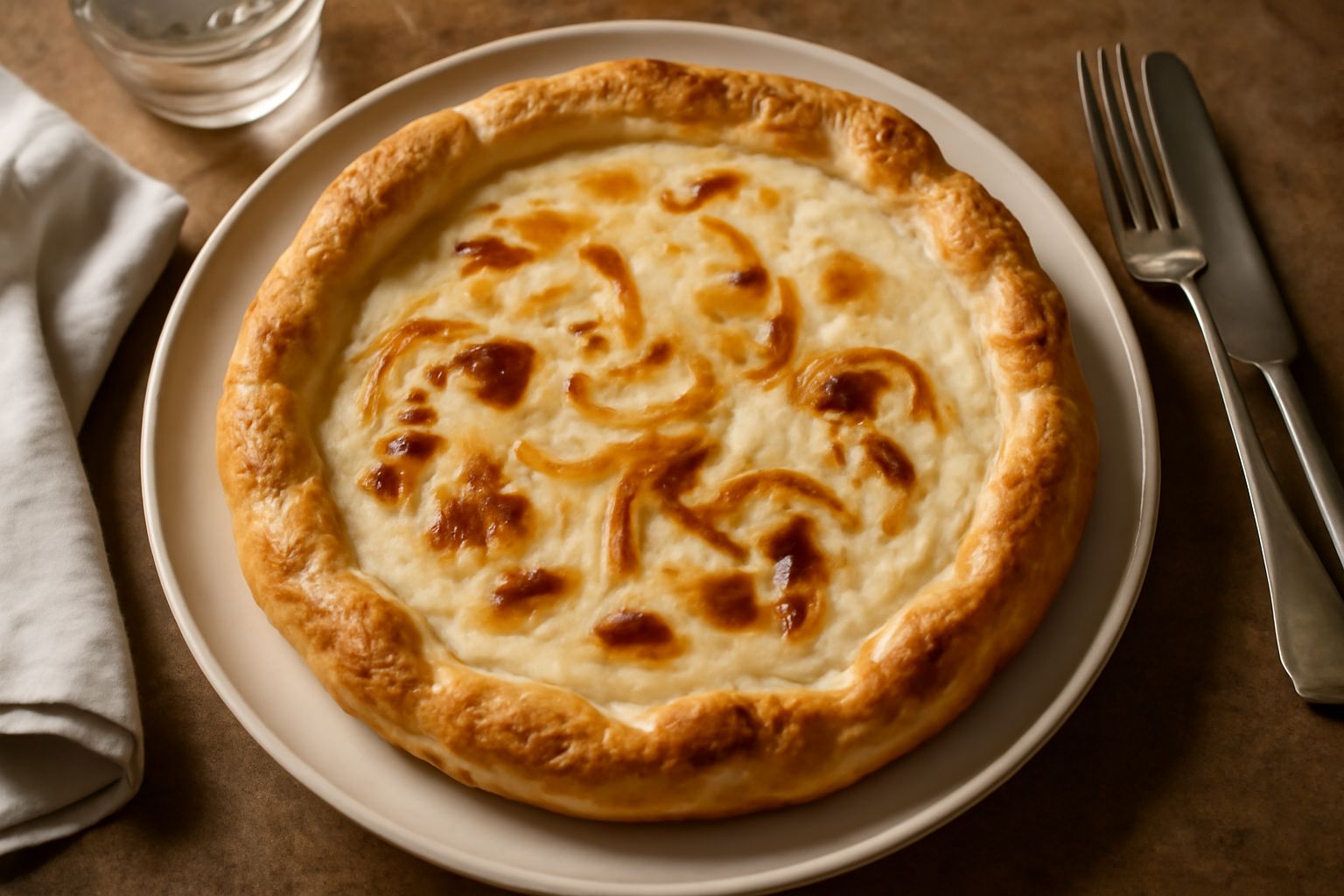 Una torta salata di cipolle appena sfornata, con pasta sfoglia dorata ai bordi, superficie color avorio con striature dorate, cipolle caramellate visibili attraverso la farcia cremosa, poggiata su un 