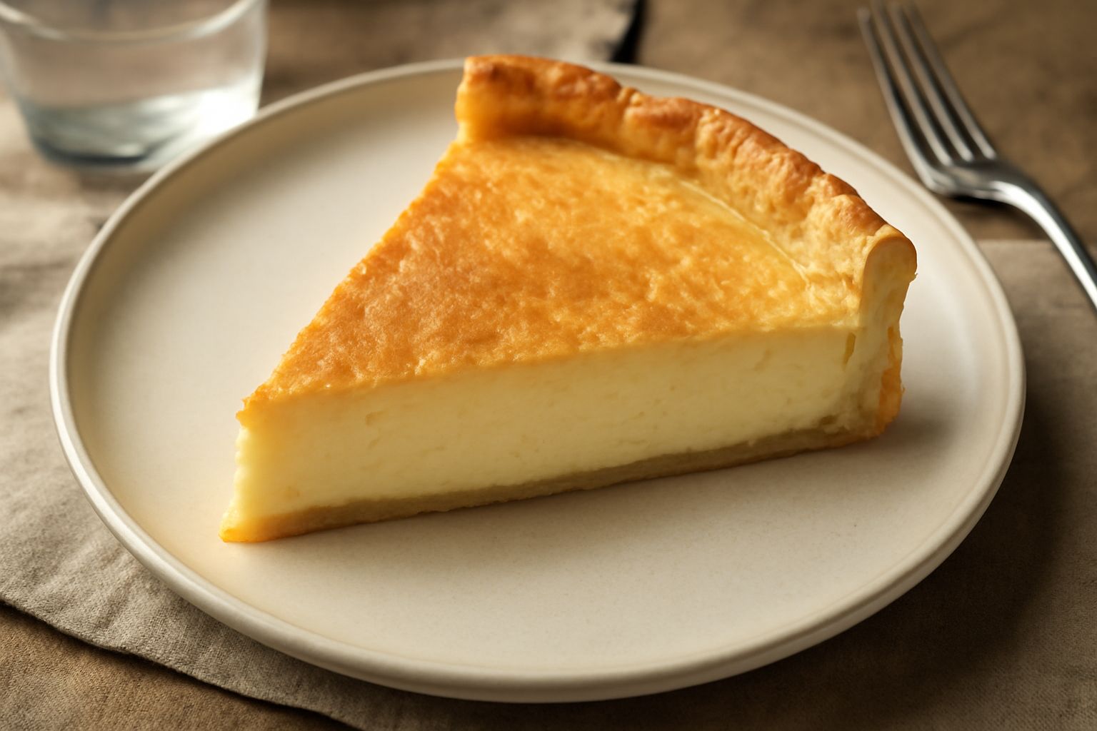 Torta salata di formaggio con base dorata e croccante, ripieno cremoso visibile dal taglio, guarnita con rosmarino fresco, servita in piatto bianco con forchetta
